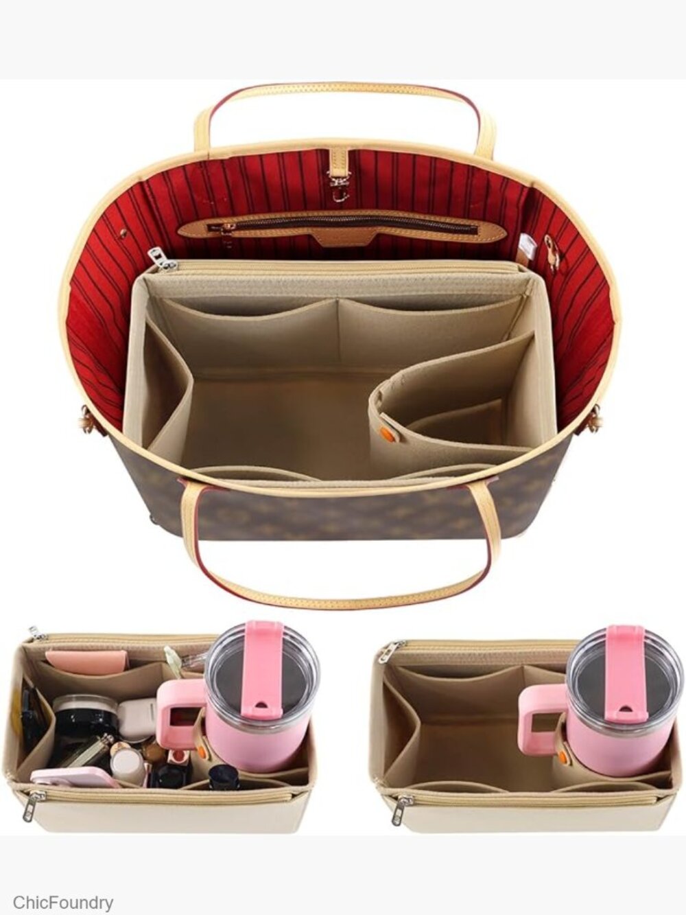 Large Felt Handbag Organizer Insert with Water Bottle Holder for Tote
